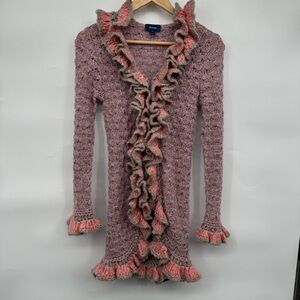Faconnable Women’s XS Y2K Wool Blend Knit Whimsy Ruffle Open Fairycore Cardigan